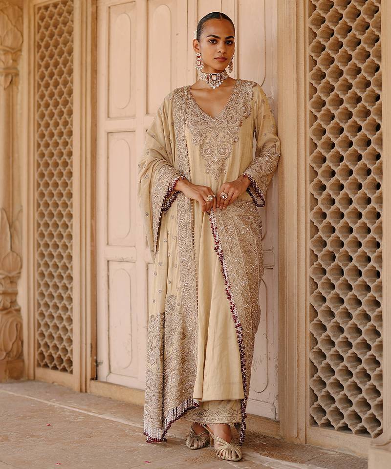 Gold embroidered silk tissue anarkali set