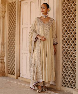 Gold embroidered silk tissue anarkali set 2