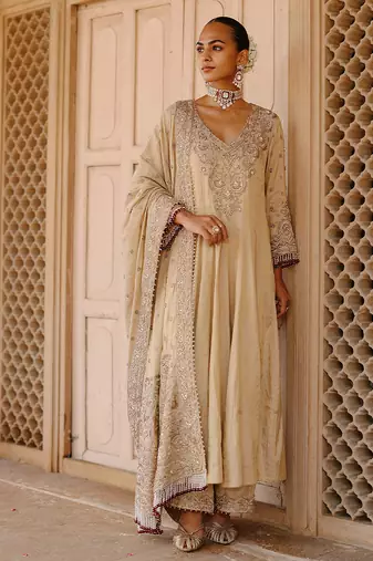 Gold embroidered silk tissue anarkali set