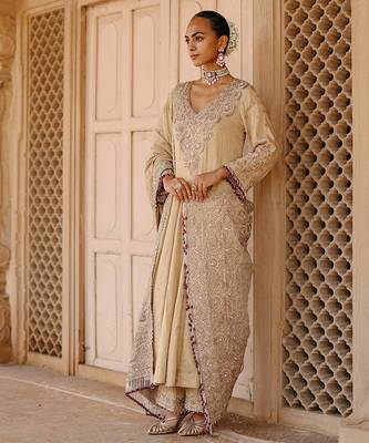Gold embroidered silk tissue anarkali set 3