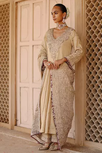 Gold embroidered silk tissue anarkali set