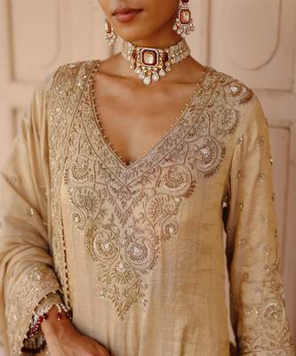 Gold embroidered silk tissue anarkali set 4