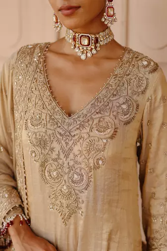 Gold embroidered silk tissue anarkali set