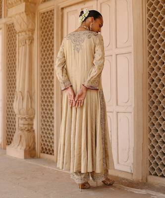 Gold embroidered silk tissue anarkali set 5