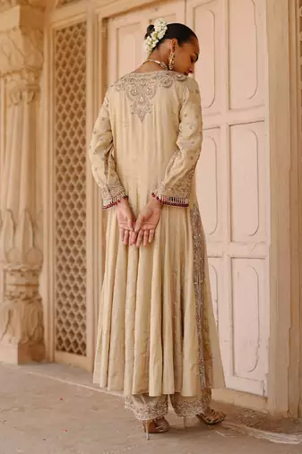 Gold embroidered silk tissue anarkali set