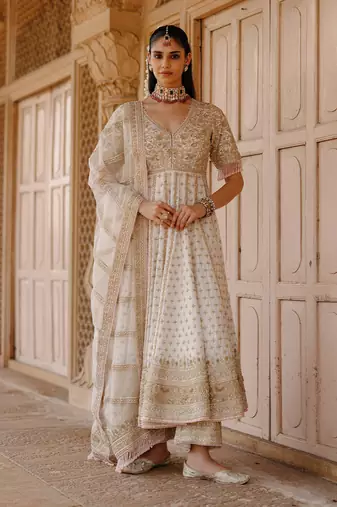Daisy ivory embroidered silk chanderi anarkali set