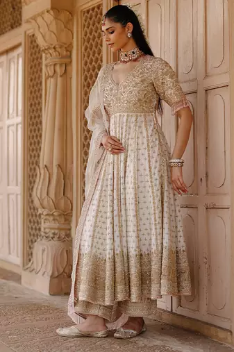 Daisy ivory embroidered silk chanderi anarkali set