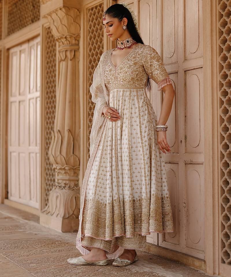 Daisy ivory embroidered silk chanderi anarkali set