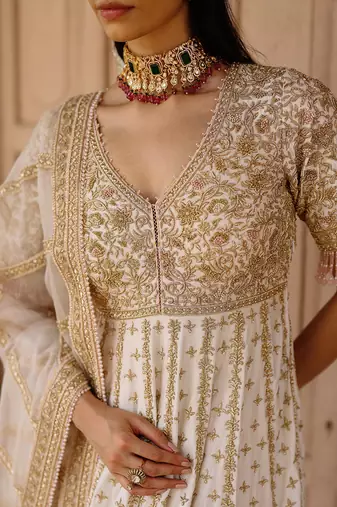 Daisy ivory embroidered silk chanderi anarkali set