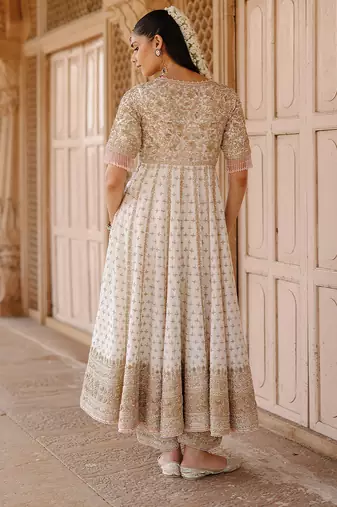 Daisy ivory embroidered silk chanderi anarkali set