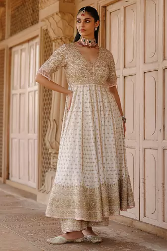 Daisy ivory embroidered silk chanderi anarkali set