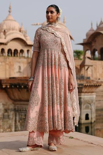 Pink embroidered silk chanderi anarkali set