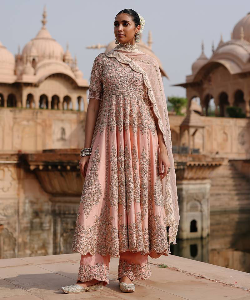 Pink embroidered silk chanderi anarkali set