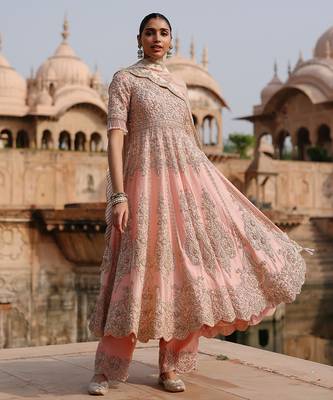 Pink embroidered silk chanderi anarkali set 2