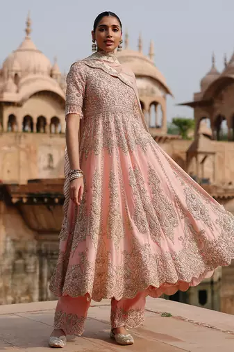 Pink embroidered silk chanderi anarkali set