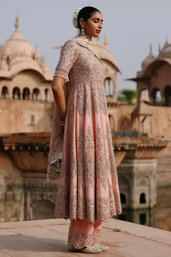 Pink embroidered silk chanderi anarkali set