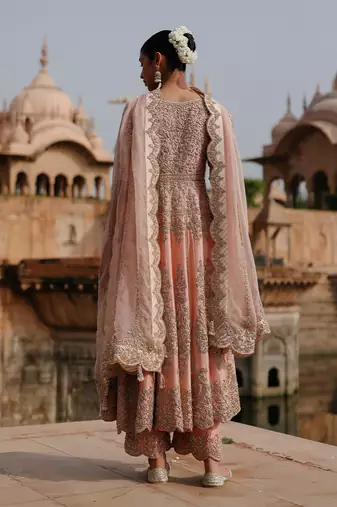 Pink embroidered silk chanderi anarkali set