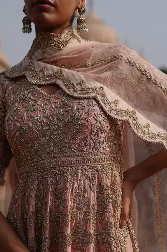Pink embroidered silk chanderi anarkali set