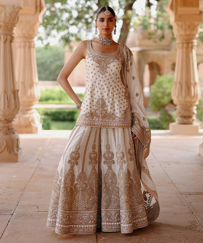 Daisy ivory embroidered silk chanderi sharara set