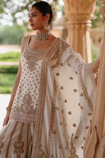 Daisy ivory embroidered silk chanderi sharara set