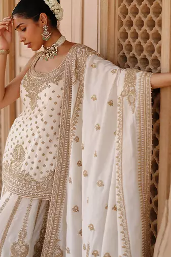 Daisy ivory embroidered silk chanderi sharara set