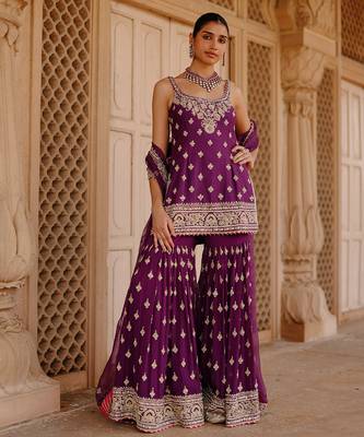 Deep purple embroidered silk chanderi gharara set 1