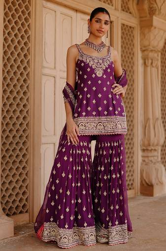 Deep purple embroidered silk chanderi gharara set