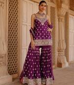 Deep purple embroidered silk chanderi gharara set