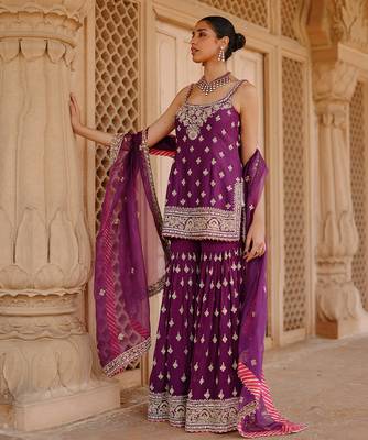 Deep purple embroidered silk chanderi gharara set 2
