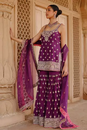 Deep purple embroidered silk chanderi gharara set