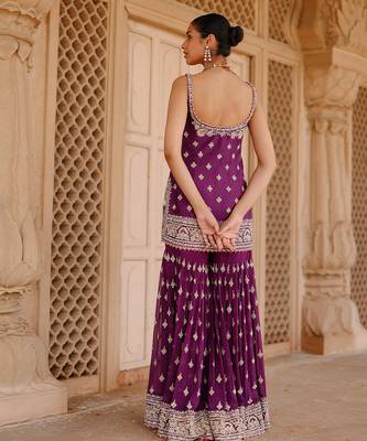 Deep purple embroidered silk chanderi gharara set 3