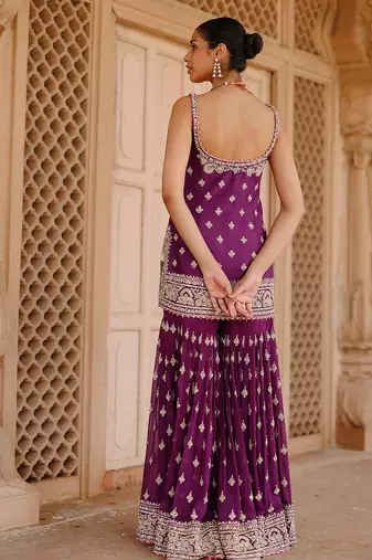 Deep purple embroidered silk chanderi gharara set