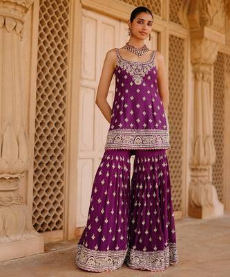 Deep purple embroidered silk chanderi gharara set 4