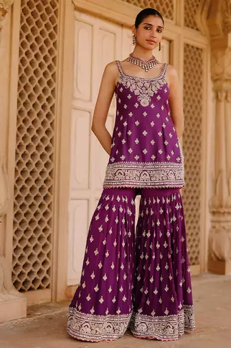 Deep purple embroidered silk chanderi gharara set