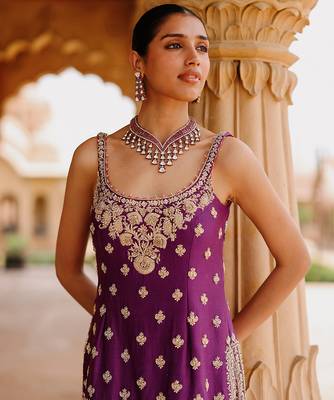 Deep purple embroidered silk chanderi gharara set 5