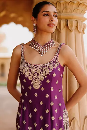 Deep purple embroidered silk chanderi gharara set