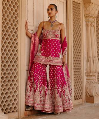 Hot pink embroidered silk chanderi gharara set 1