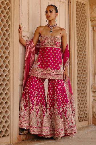 Hot pink embroidered silk chanderi gharara set