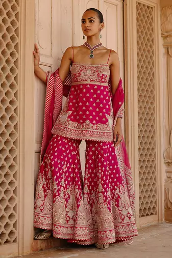 Hot pink embroidered silk chanderi gharara set