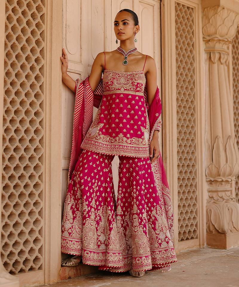 Hot pink embroidered silk chanderi gharara set
