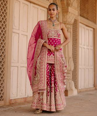 Hot pink embroidered silk chanderi gharara set 2