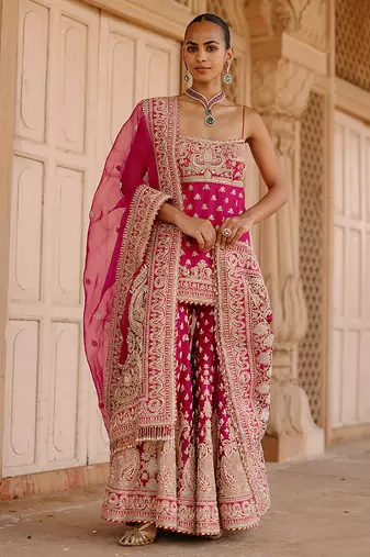 Hot pink embroidered silk chanderi gharara set