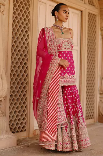 Hot pink embroidered silk chanderi gharara set