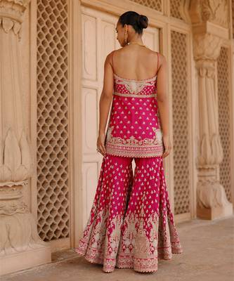 Hot pink embroidered silk chanderi gharara set 4