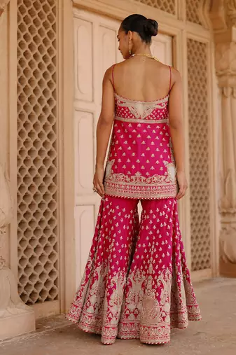 Hot pink embroidered silk chanderi gharara set