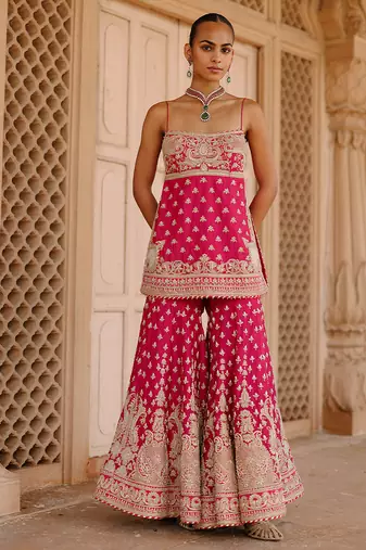 Hot pink embroidered silk chanderi gharara set