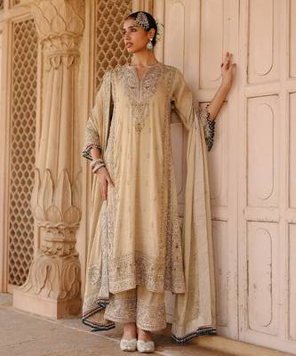Gold embroidered silk tissue long chauga set 1