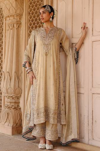 Gold embroidered silk tissue long chauga set