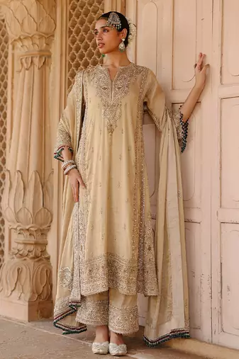 Gold embroidered silk tissue long chauga set