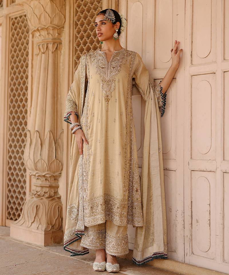 Gold embroidered silk tissue long chauga set